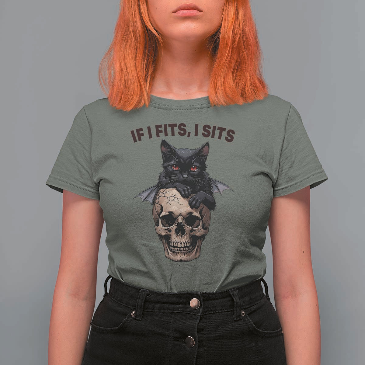 Gothic Cat Skull Graphic T Shirt For Women If I Fits I Sits Creepy Cute Gift