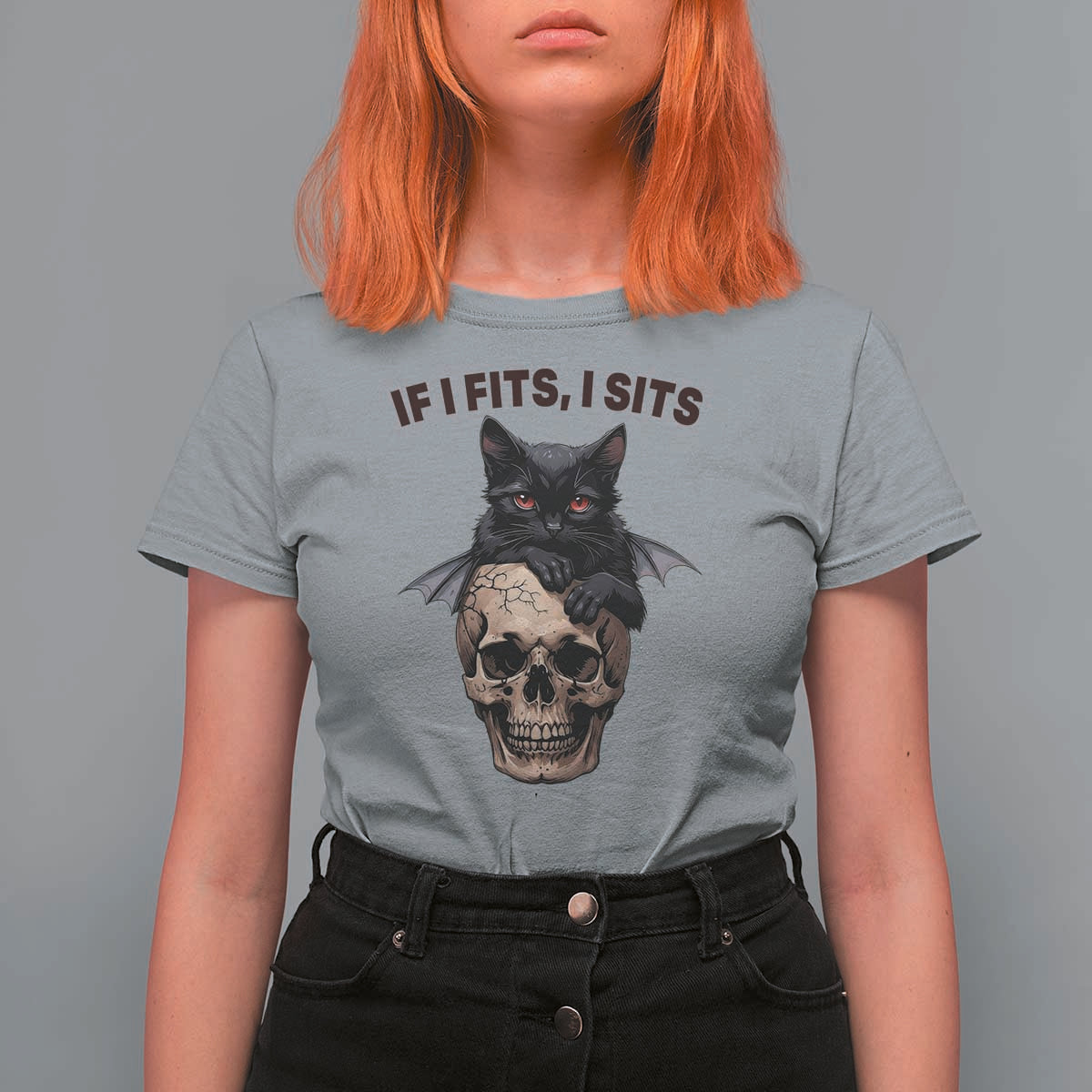 Gothic Cat Skull Graphic T Shirt For Women If I Fits I Sits Creepy Cute Gift