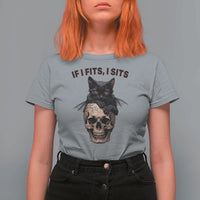 Gothic Cat Skull Graphic T Shirt For Women If I Fits I Sits Creepy Cute Gift