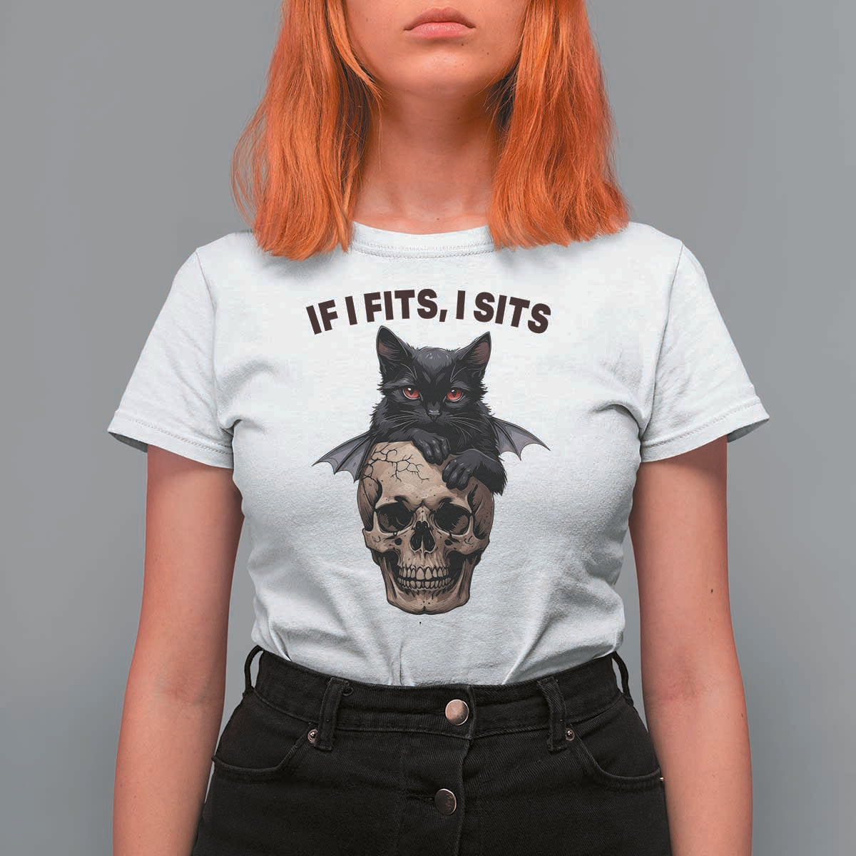 Gothic Cat Skull Graphic T Shirt For Women If I Fits I Sits Creepy Cute Gift