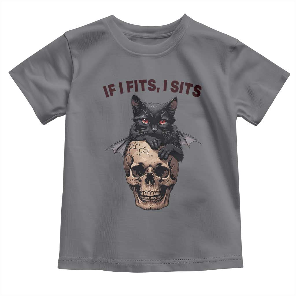 Gothic Cat Skull Graphic Toddler T Shirt If I Fits I Sits Creepy Cute Gift