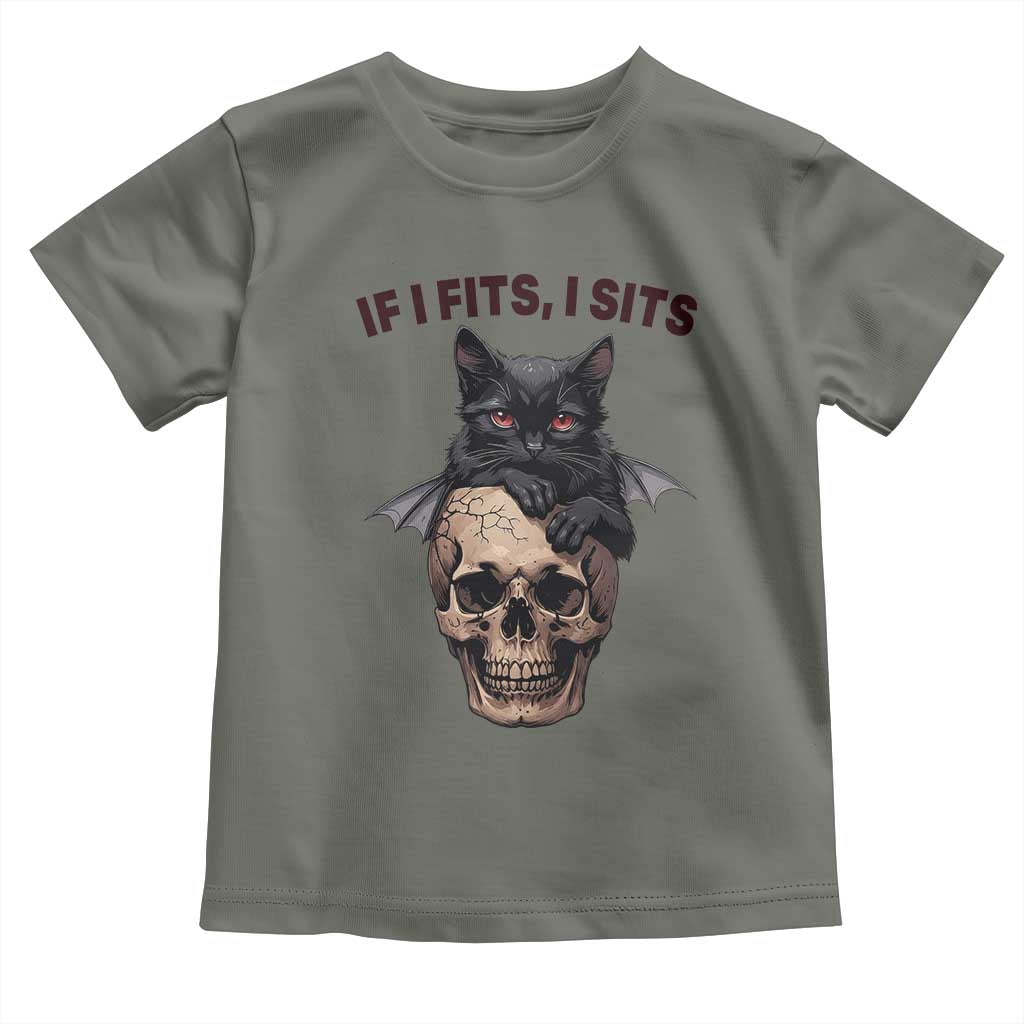 Gothic Cat Skull Graphic Toddler T Shirt If I Fits I Sits Creepy Cute Gift