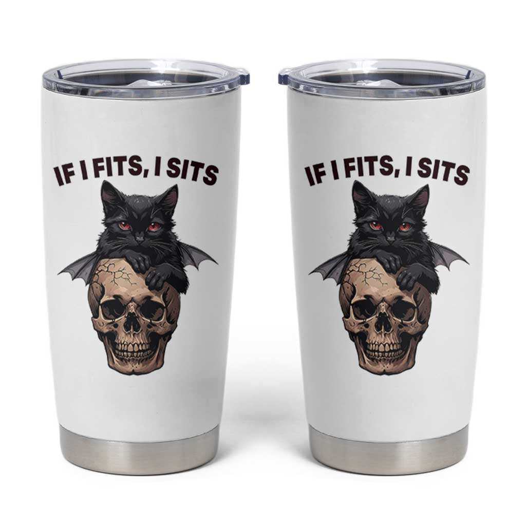Gothic Cat Skull Graphic Tumbler Cup If I Fits I Sits Creepy Cute Gift