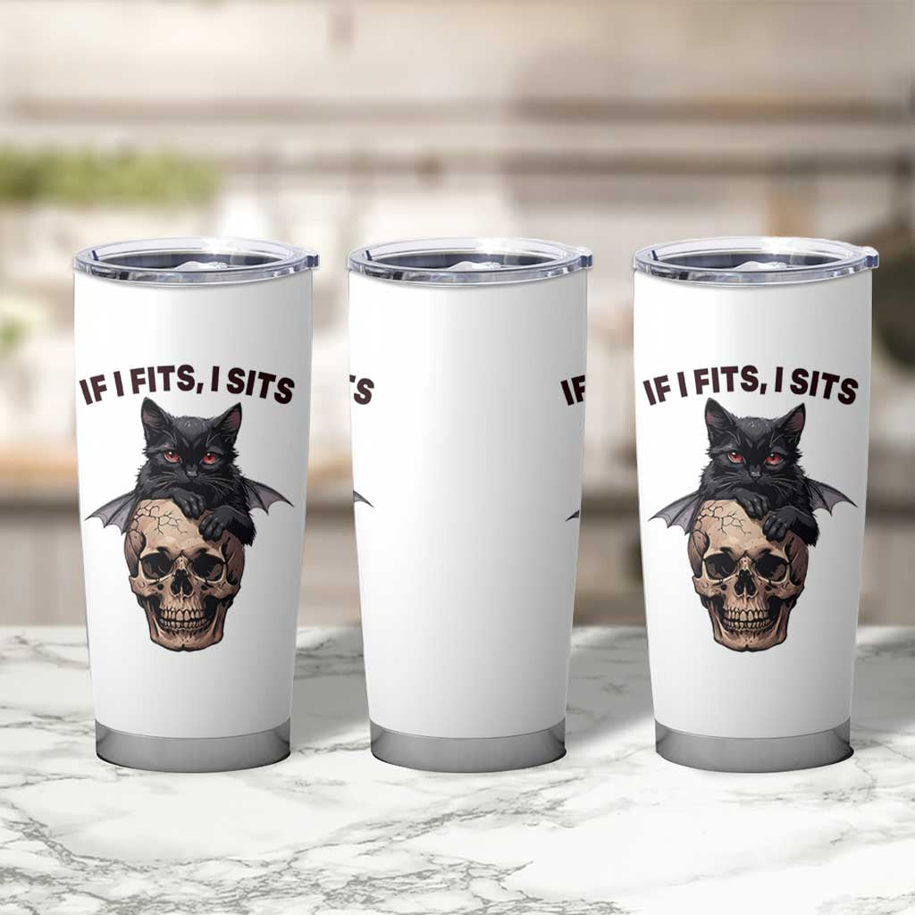 Gothic Cat Skull Graphic Tumbler Cup If I Fits I Sits Creepy Cute Gift