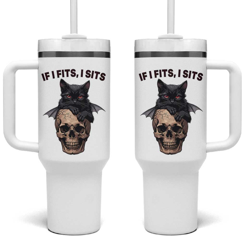 Gothic Cat Skull Graphic Tumbler With Handle If I Fits I Sits Creepy Cute Gift