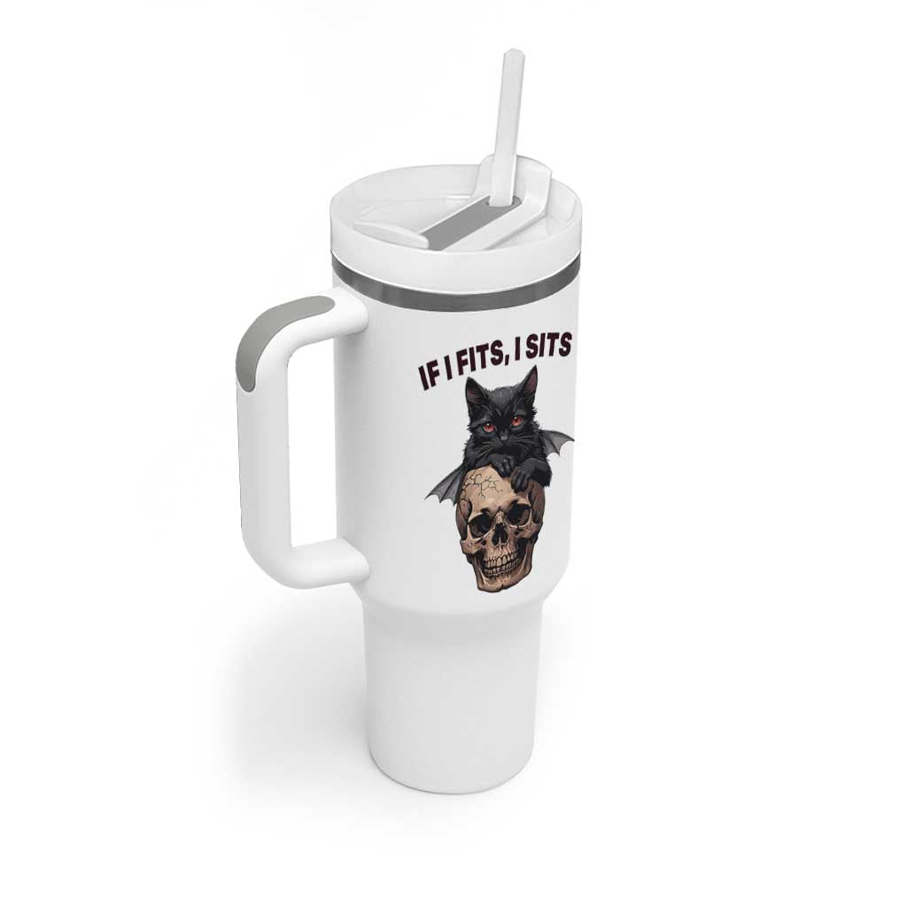 Gothic Cat Skull Graphic Tumbler With Handle If I Fits I Sits Creepy Cute Gift