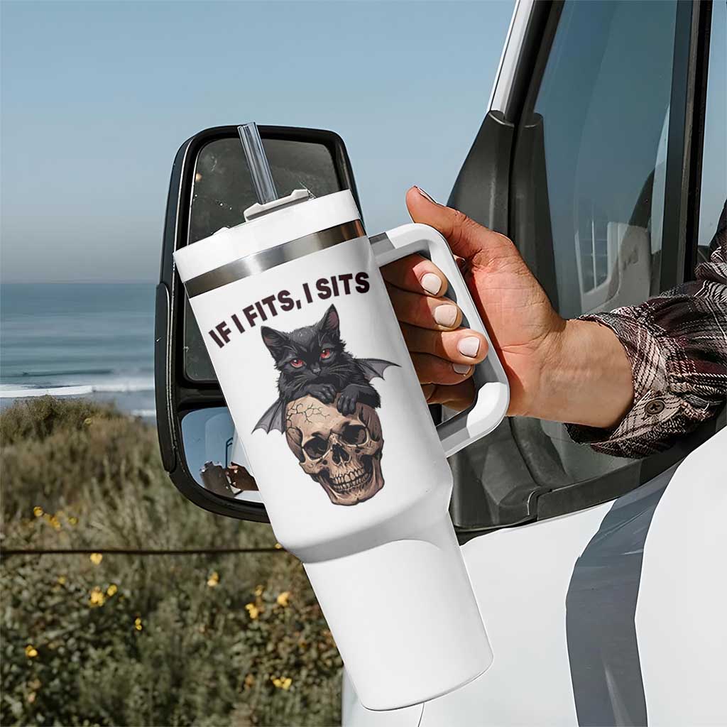Gothic Cat Skull Graphic Tumbler With Handle If I Fits I Sits Creepy Cute Gift