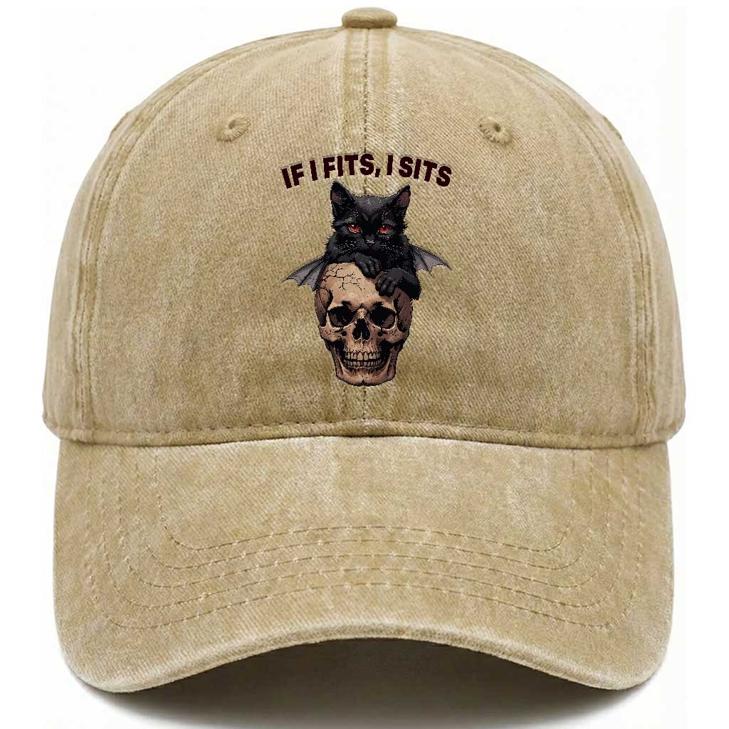 Gothic Cat Skull Graphic Washed Cotton Baseball Cap If I Fits I Sits Creepy Cute Gift