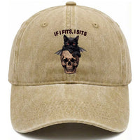 Gothic Cat Skull Graphic Washed Cotton Baseball Cap If I Fits I Sits Creepy Cute Gift