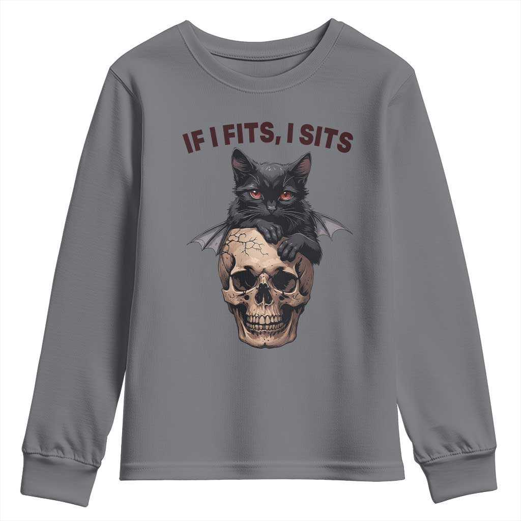 Gothic Cat Skull Graphic Youth Sweatshirt If I Fits I Sits Creepy Cute Gift