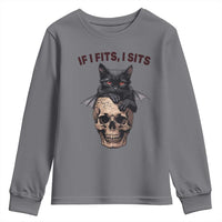 Gothic Cat Skull Graphic Youth Sweatshirt If I Fits I Sits Creepy Cute Gift