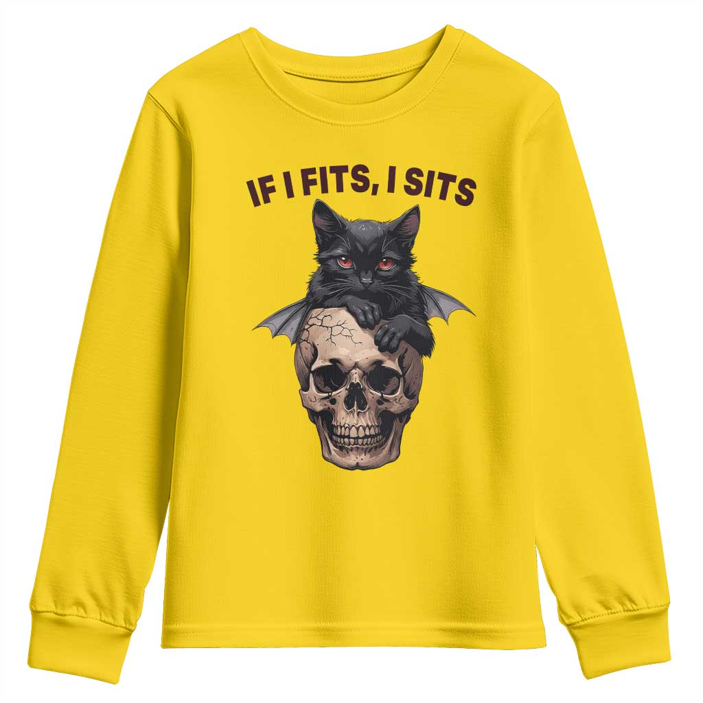 Gothic Cat Skull Graphic Youth Sweatshirt If I Fits I Sits Creepy Cute Gift