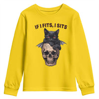 Gothic Cat Skull Graphic Youth Sweatshirt If I Fits I Sits Creepy Cute Gift
