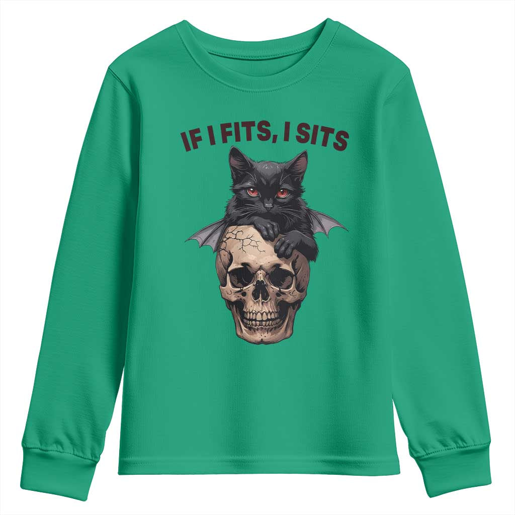 Gothic Cat Skull Graphic Youth Sweatshirt If I Fits I Sits Creepy Cute Gift