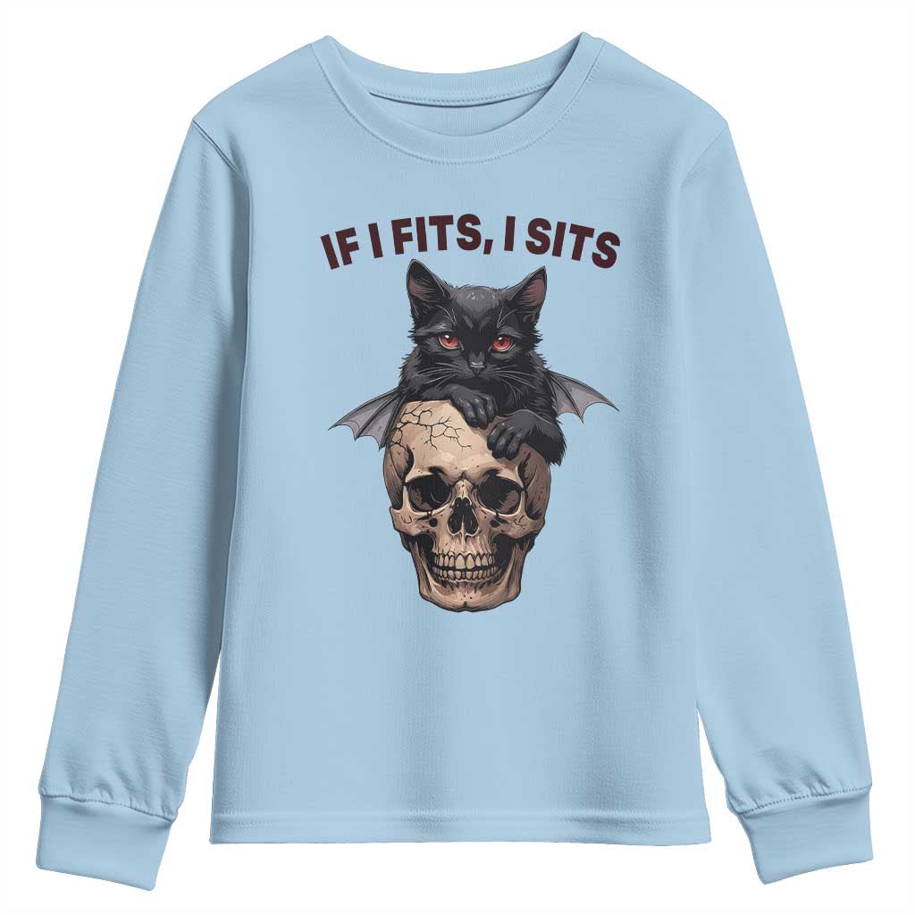 Gothic Cat Skull Graphic Youth Sweatshirt If I Fits I Sits Creepy Cute Gift