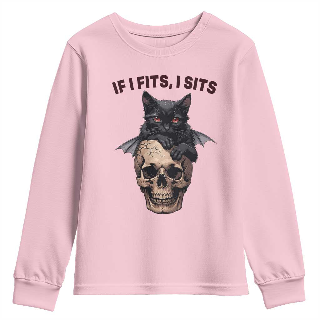 Gothic Cat Skull Graphic Youth Sweatshirt If I Fits I Sits Creepy Cute Gift