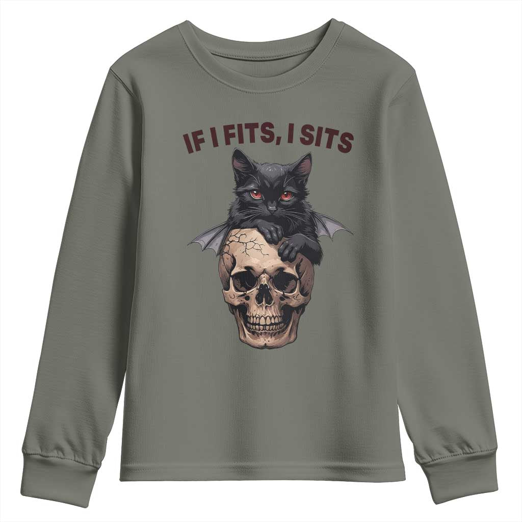 Gothic Cat Skull Graphic Youth Sweatshirt If I Fits I Sits Creepy Cute Gift