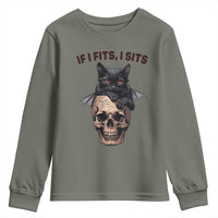 Gothic Cat Skull Graphic Youth Sweatshirt If I Fits I Sits Creepy Cute Gift