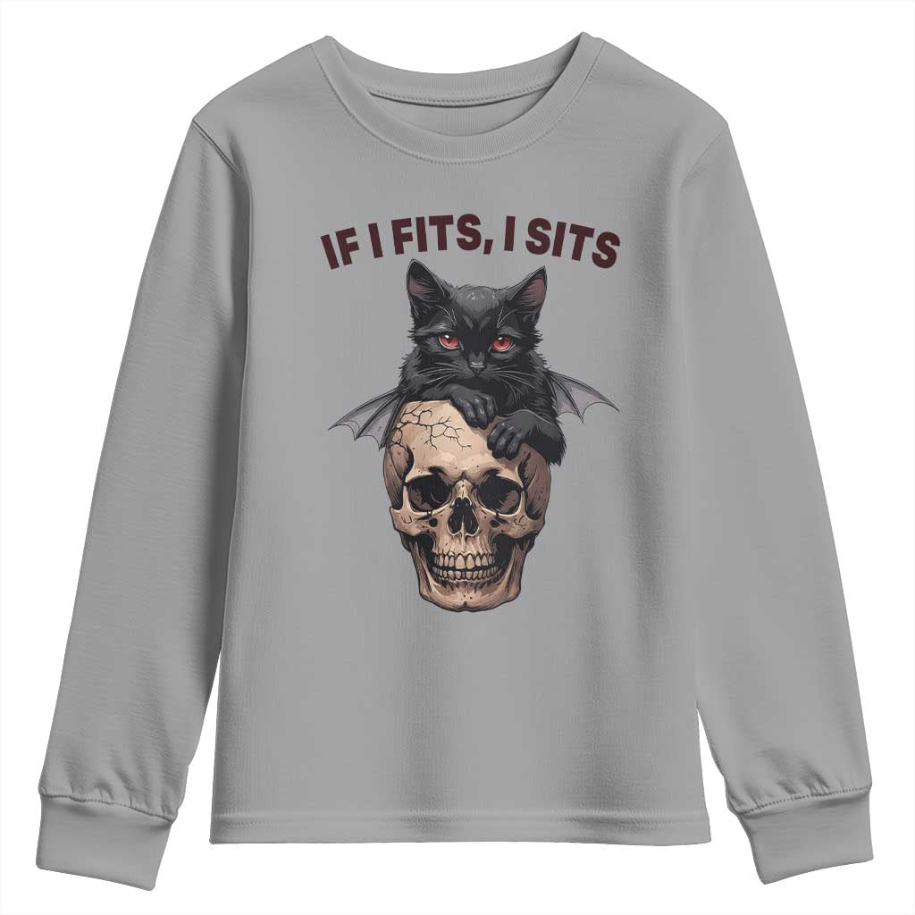 Gothic Cat Skull Graphic Youth Sweatshirt If I Fits I Sits Creepy Cute Gift