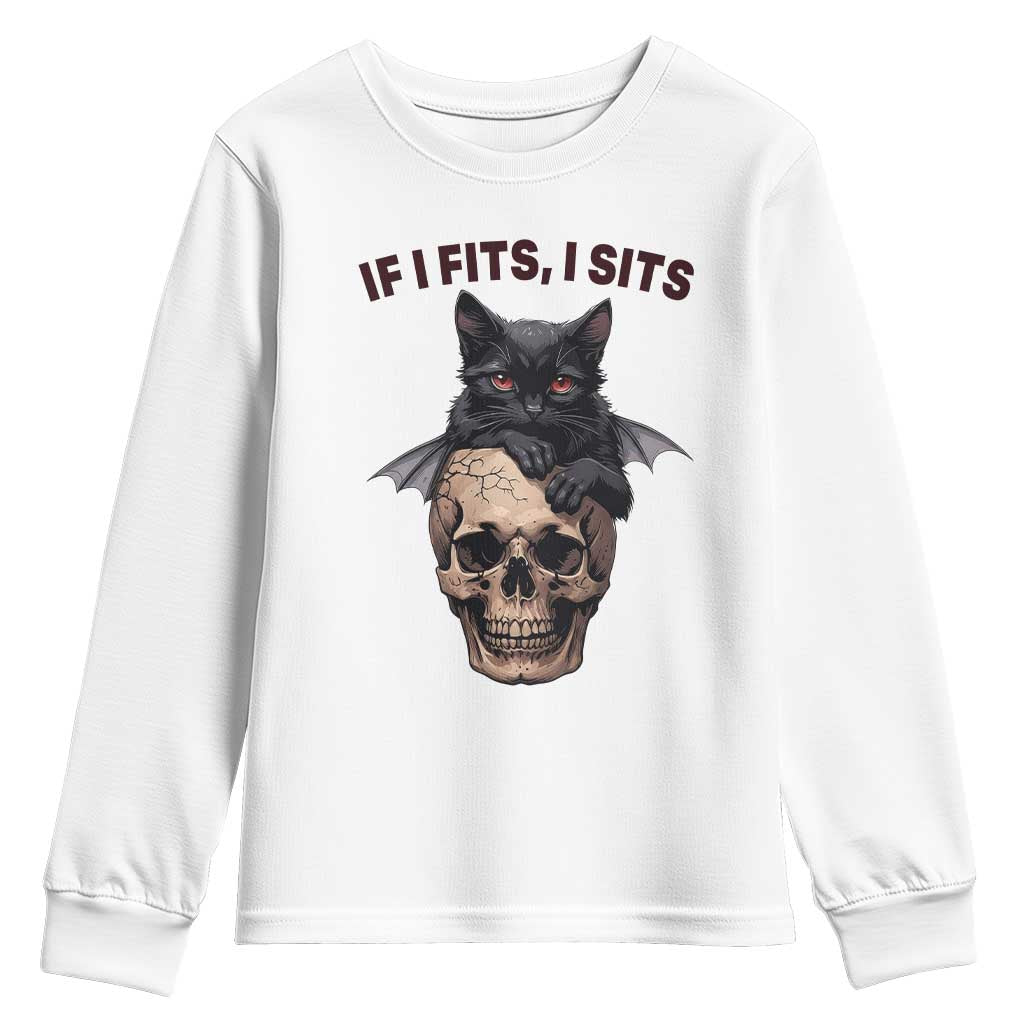 Gothic Cat Skull Graphic Youth Sweatshirt If I Fits I Sits Creepy Cute Gift