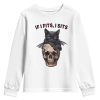 Gothic Cat Skull Graphic Youth Sweatshirt If I Fits I Sits Creepy Cute Gift