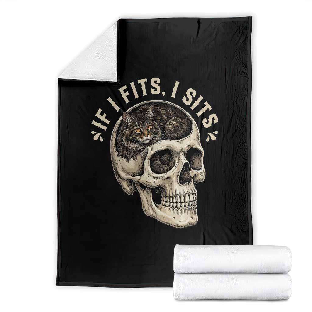 Funny Gothic Black Cat Skull Throw Blanket If I Fits I Sits