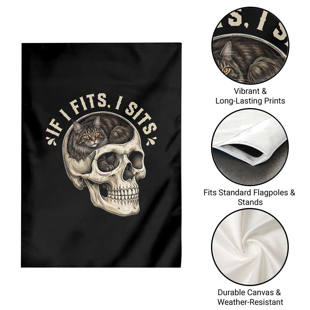 Funny Gothic Black Cat Skull Garden Flag If I Fits I Sits
