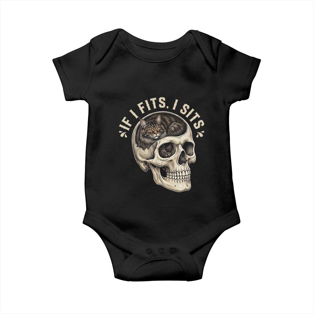 Funny Gothic Black Cat Skull Baby Onesie If I Fits I Sits