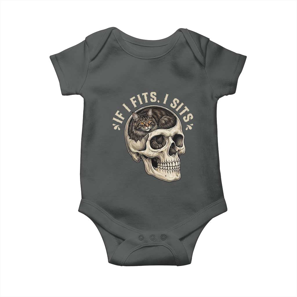 Funny Gothic Black Cat Skull Baby Onesie If I Fits I Sits