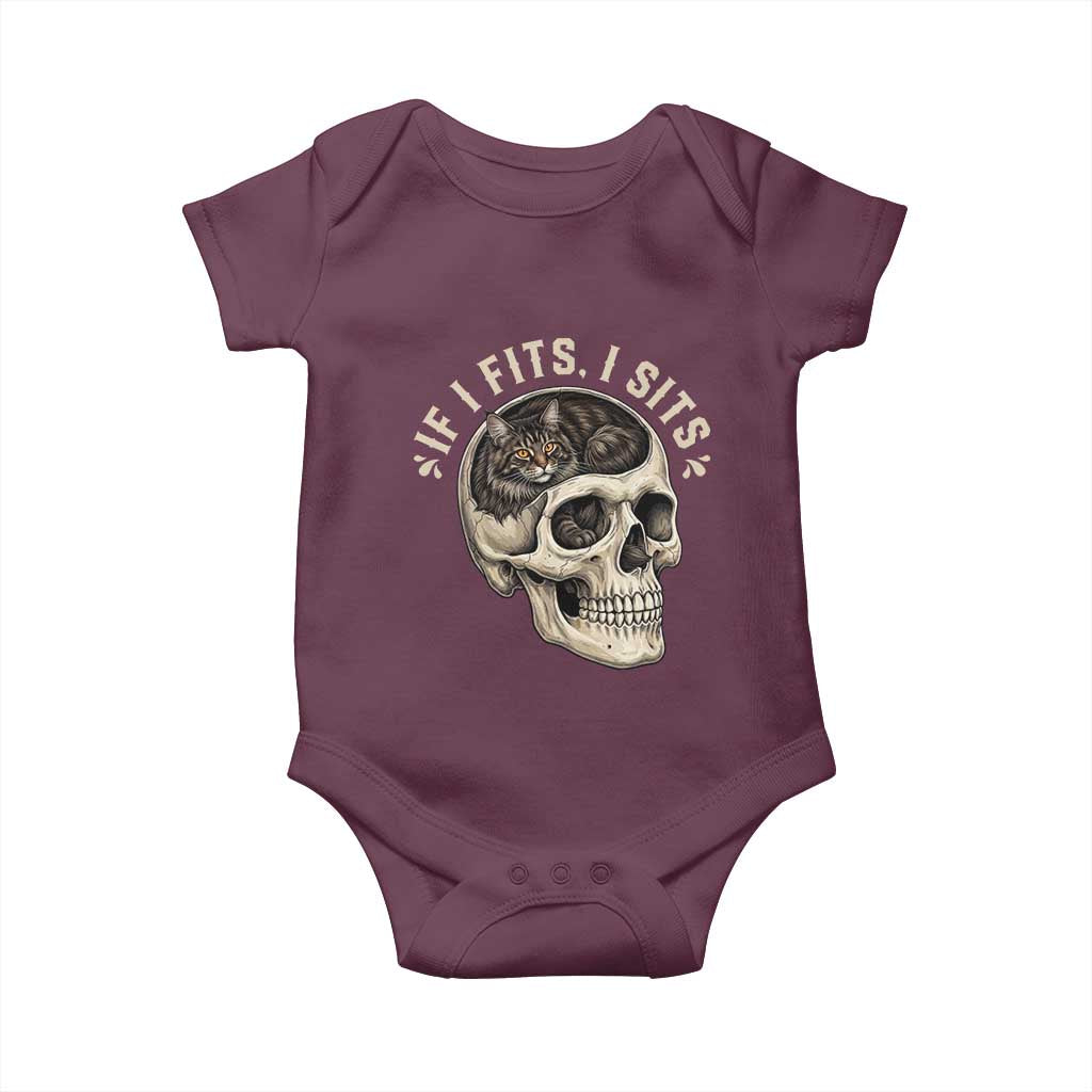 Funny Gothic Black Cat Skull Baby Onesie If I Fits I Sits