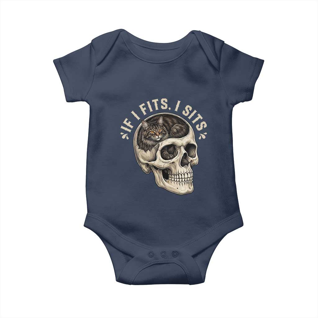 Funny Gothic Black Cat Skull Baby Onesie If I Fits I Sits
