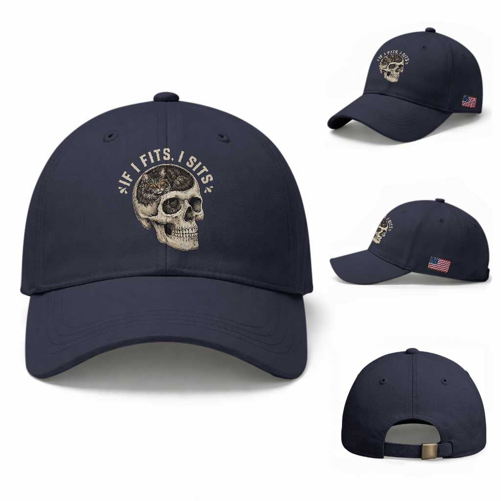 Funny Gothic Black Cat Skull Baseball Cap If I Fits I Sits