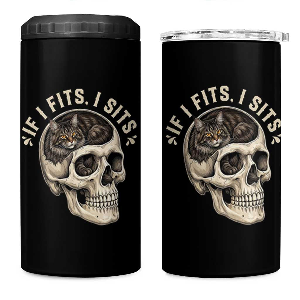 Funny Gothic Black Cat Skull 4 in 1 Can Cooler Tumbler If I Fits I Sits