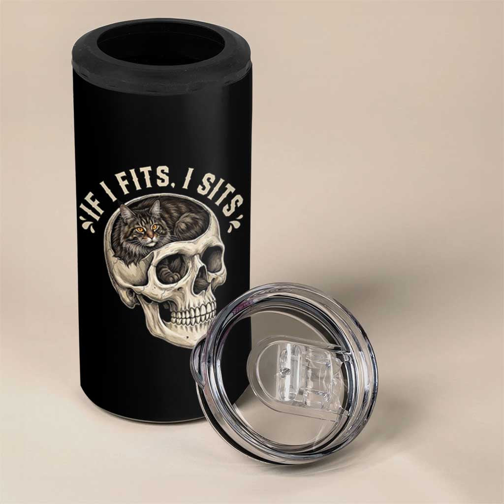 Funny Gothic Black Cat Skull 4 in 1 Can Cooler Tumbler If I Fits I Sits