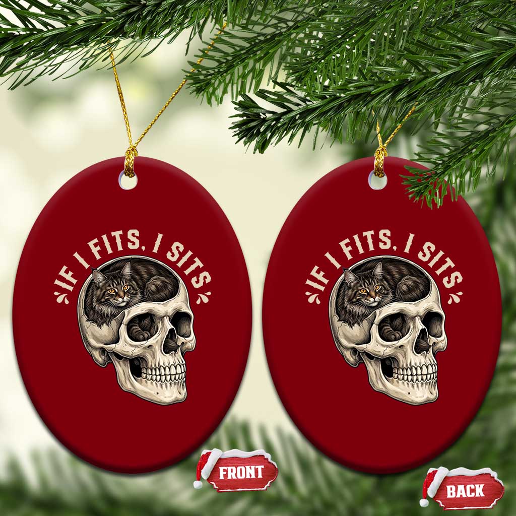 Funny Gothic Black Cat Skull Ceramic Ornament If I Fits I Sits