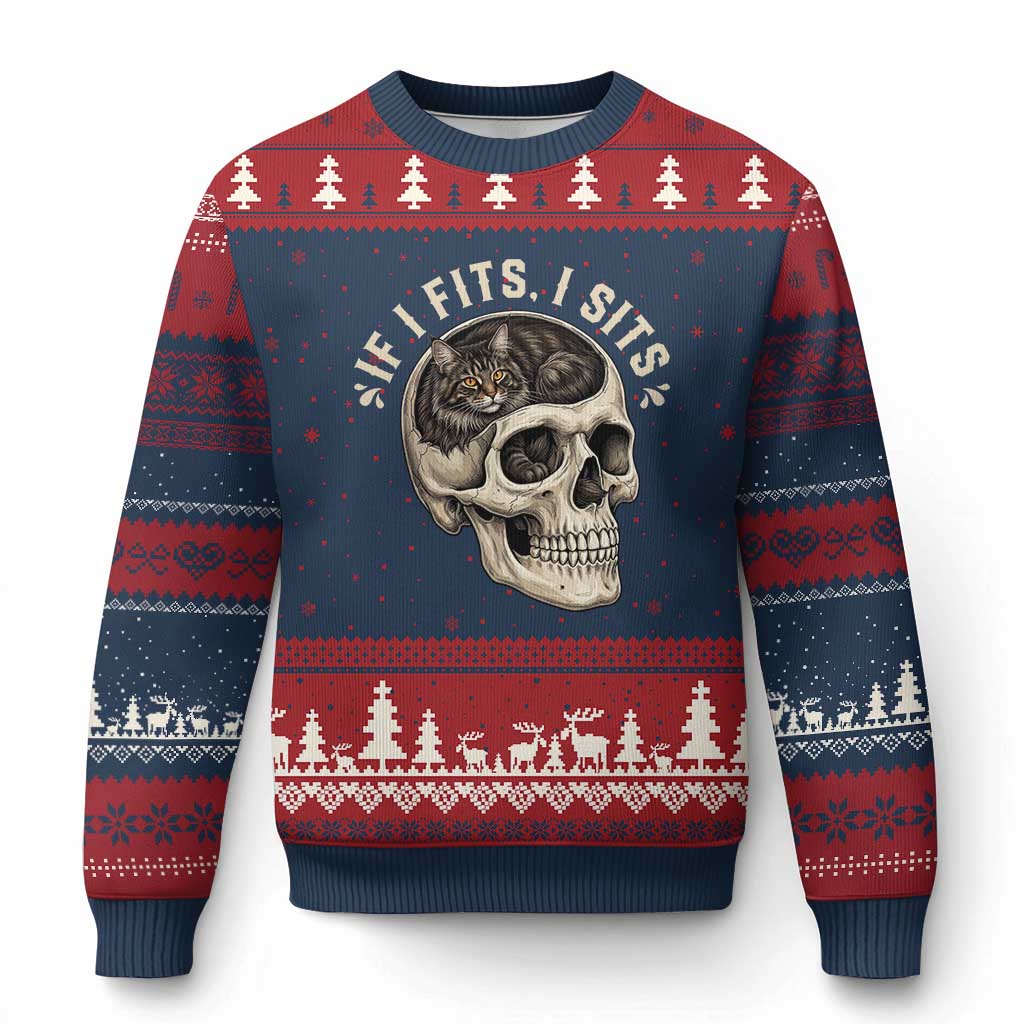 Funny Gothic Black Cat Skull Ugly Christmas Sweater If I Fits I Sits
