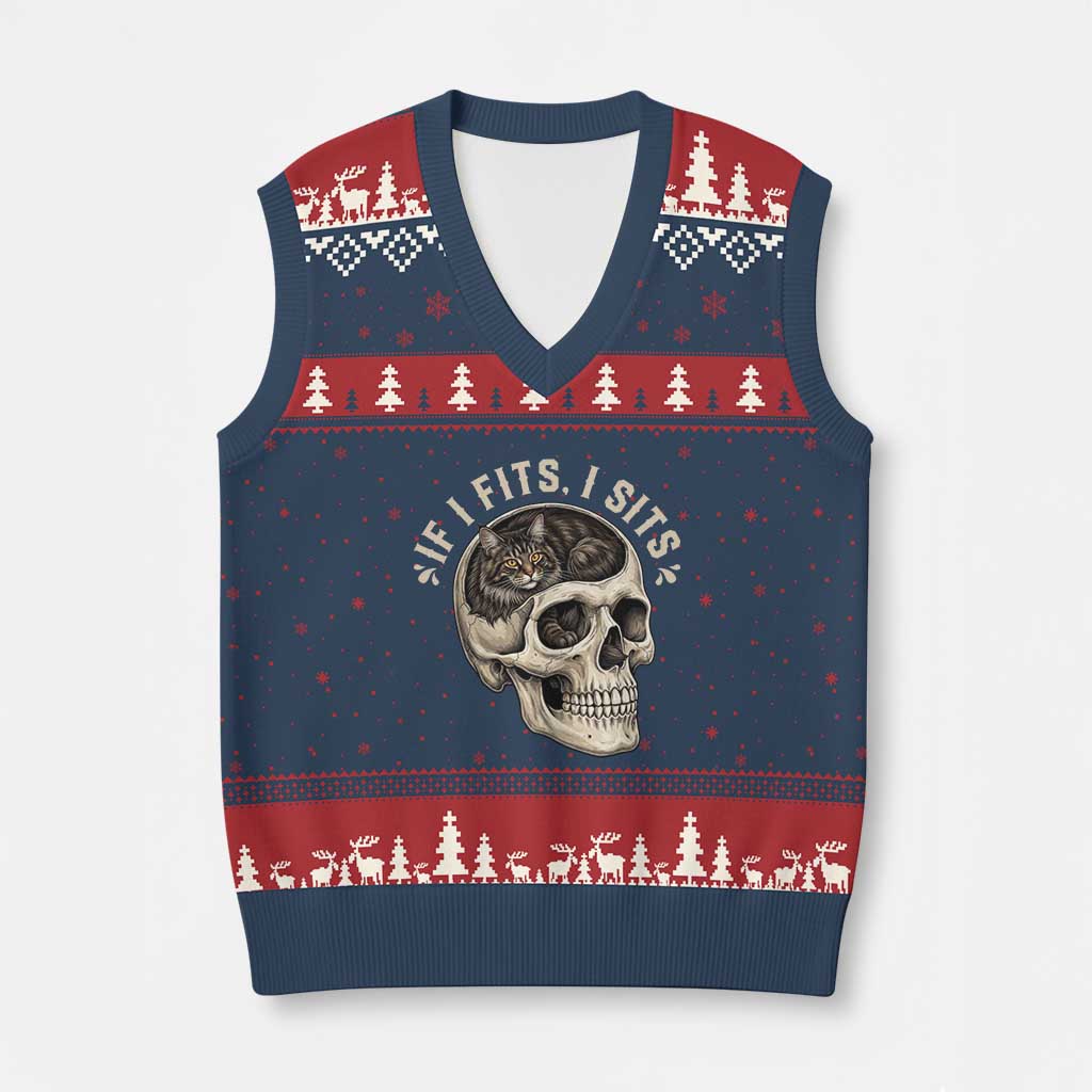 Funny Gothic Black Cat Skull V-Neck Knit Sweater Vest If I Fits I Sits