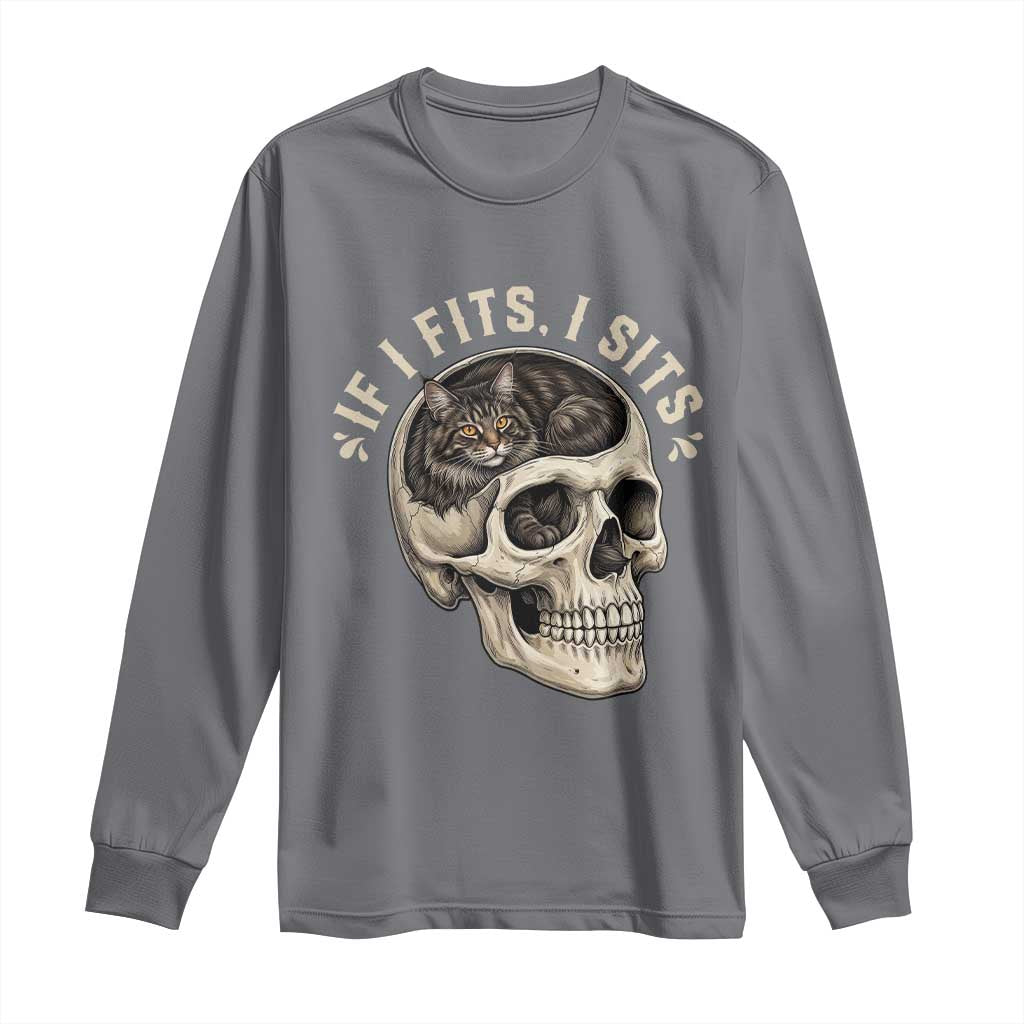 Funny Gothic Black Cat Skull Long Sleeve Shirt If I Fits I Sits