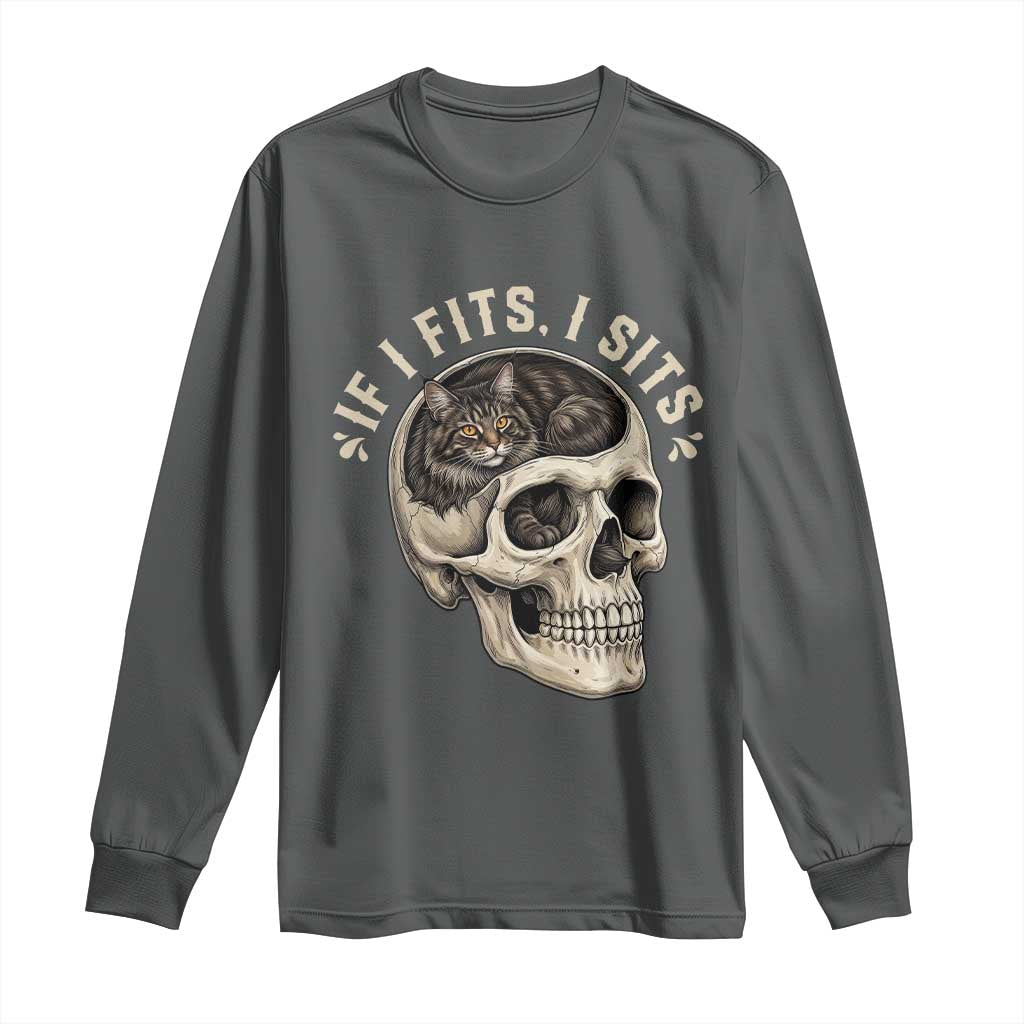 Funny Gothic Black Cat Skull Long Sleeve Shirt If I Fits I Sits