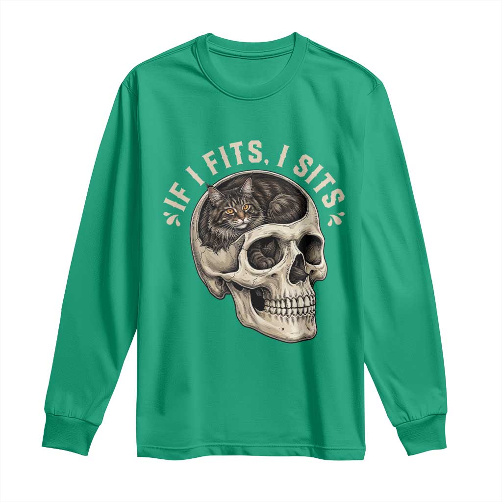 Funny Gothic Black Cat Skull Long Sleeve Shirt If I Fits I Sits