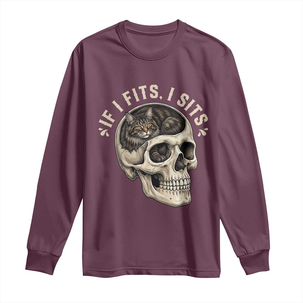 Funny Gothic Black Cat Skull Long Sleeve Shirt If I Fits I Sits