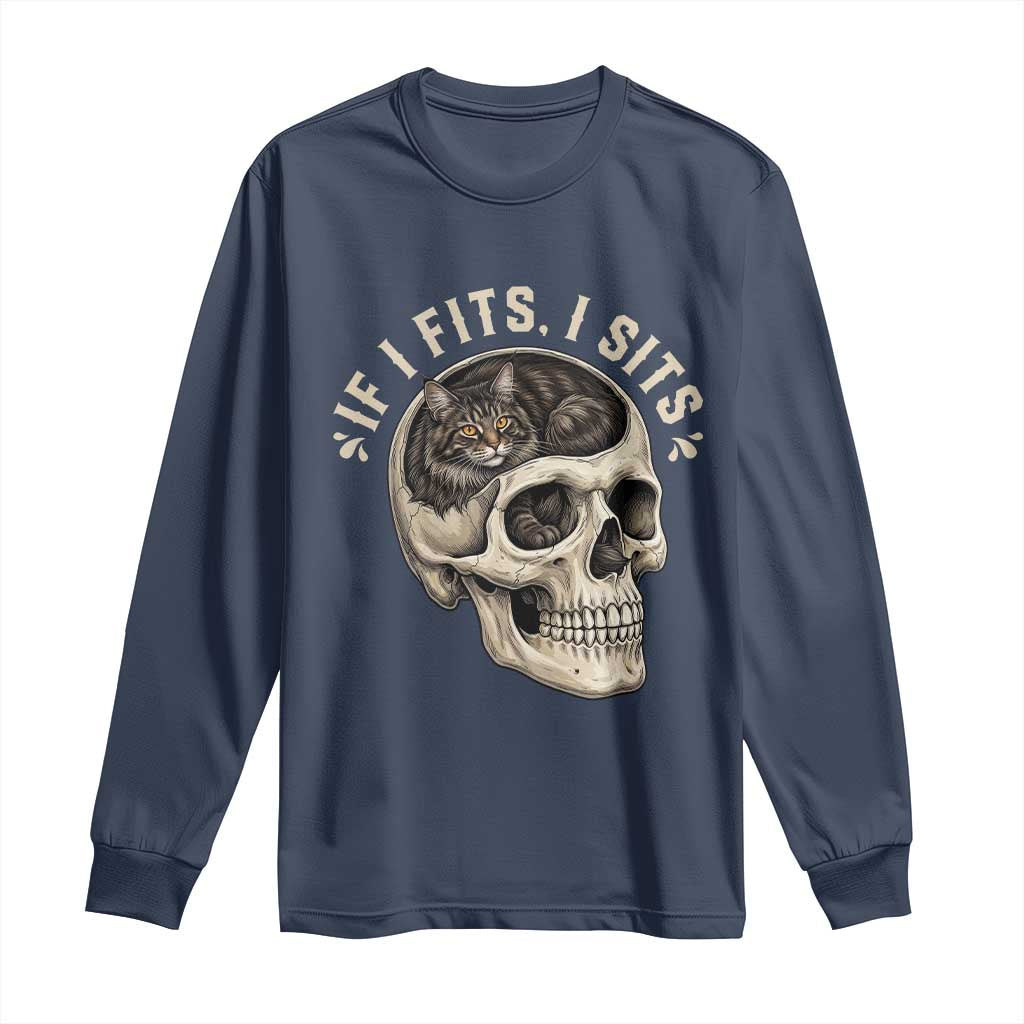 Funny Gothic Black Cat Skull Long Sleeve Shirt If I Fits I Sits