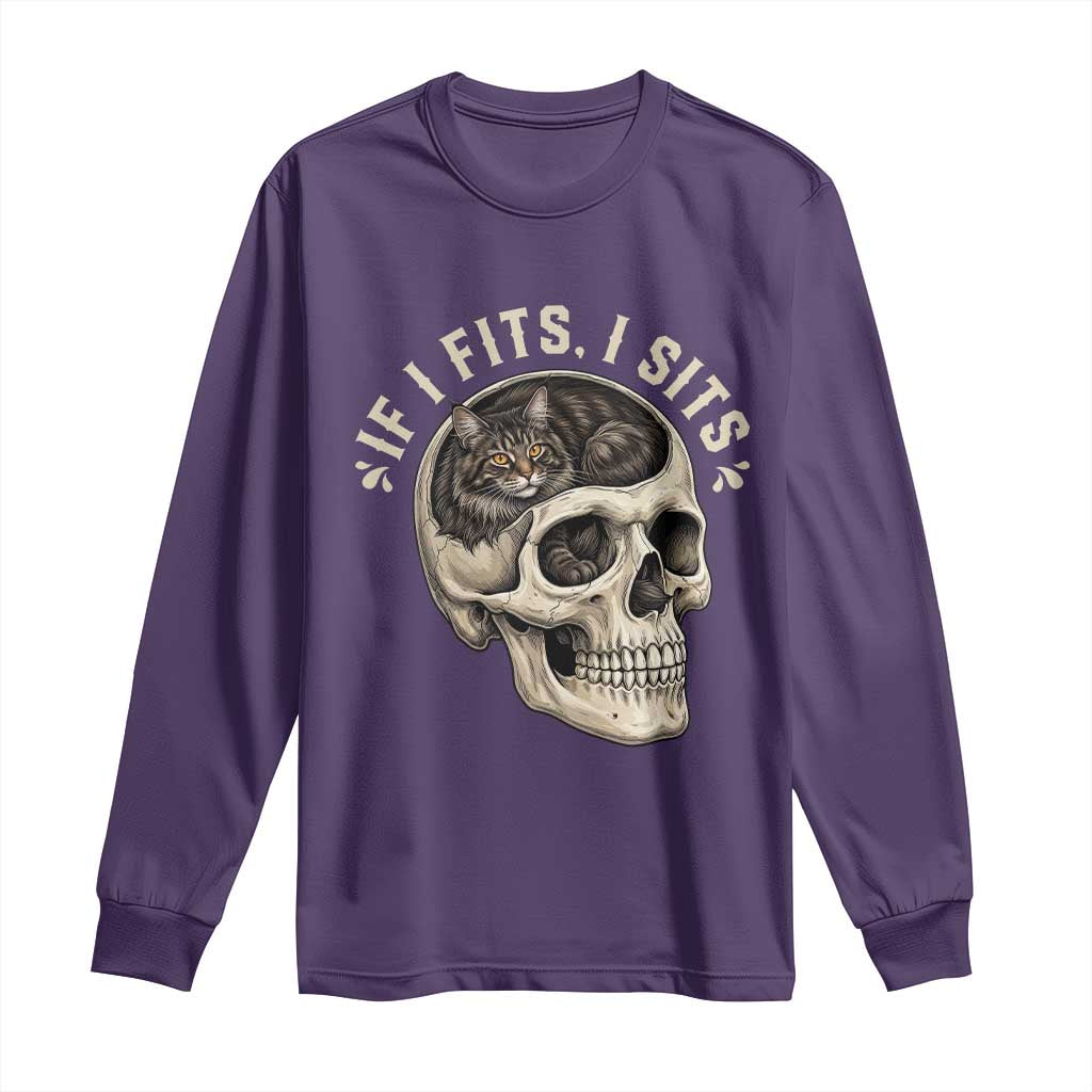 Funny Gothic Black Cat Skull Long Sleeve Shirt If I Fits I Sits