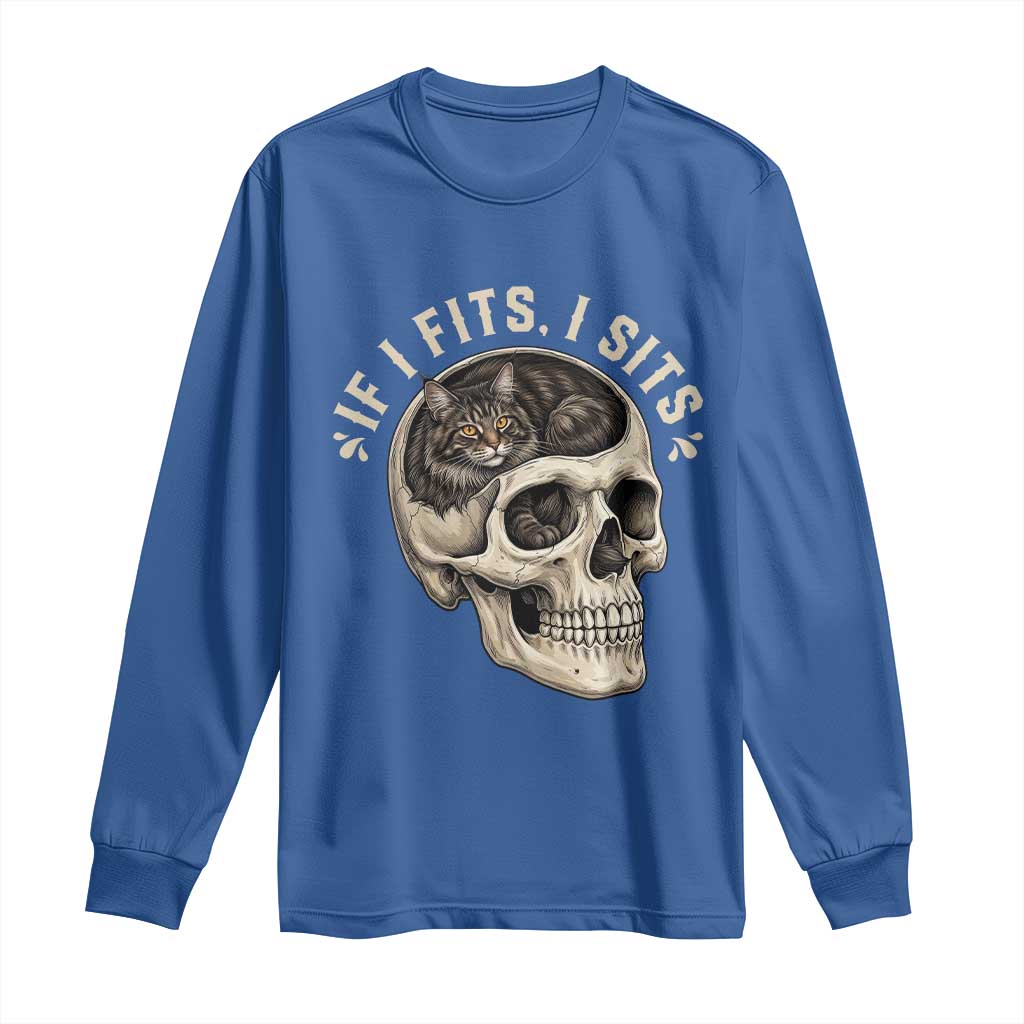 Funny Gothic Black Cat Skull Long Sleeve Shirt If I Fits I Sits