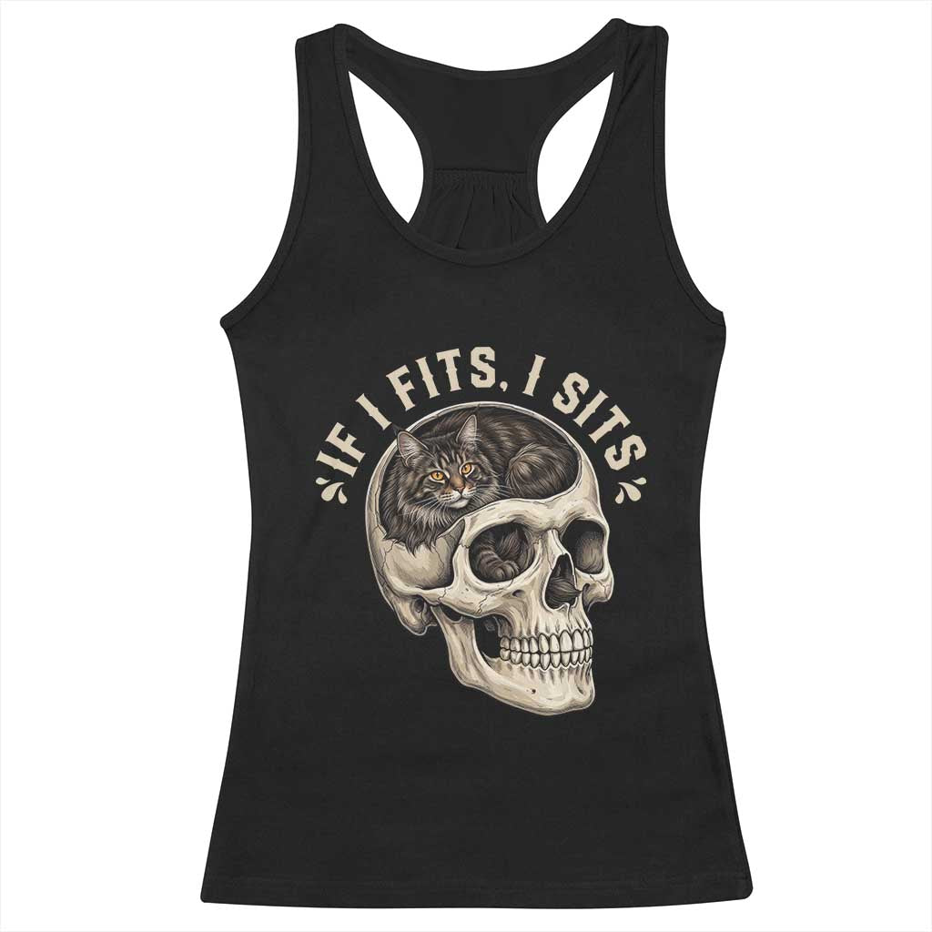 Funny Gothic Black Cat Skull Racerback Tank Top If I Fits I Sits