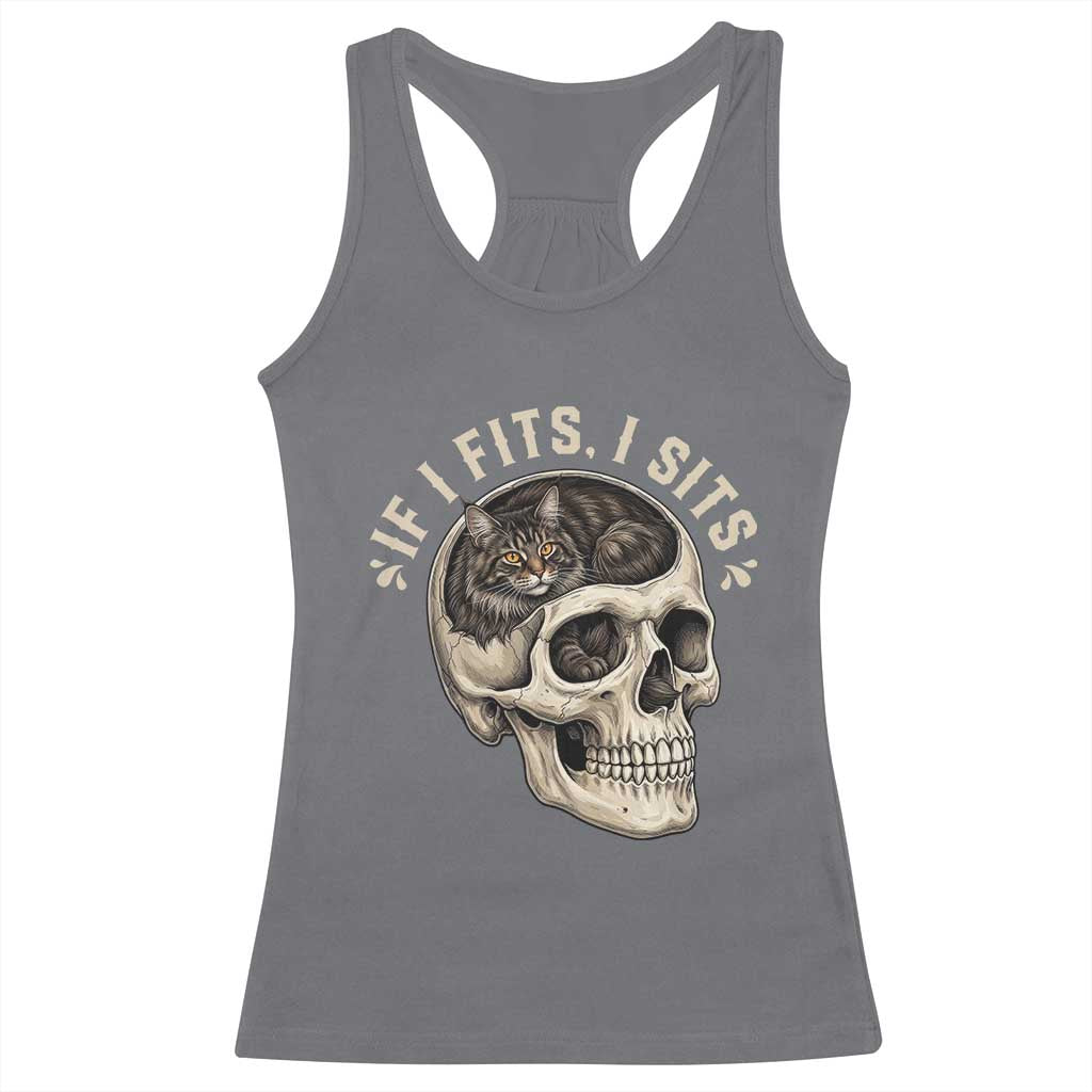 Funny Gothic Black Cat Skull Racerback Tank Top If I Fits I Sits