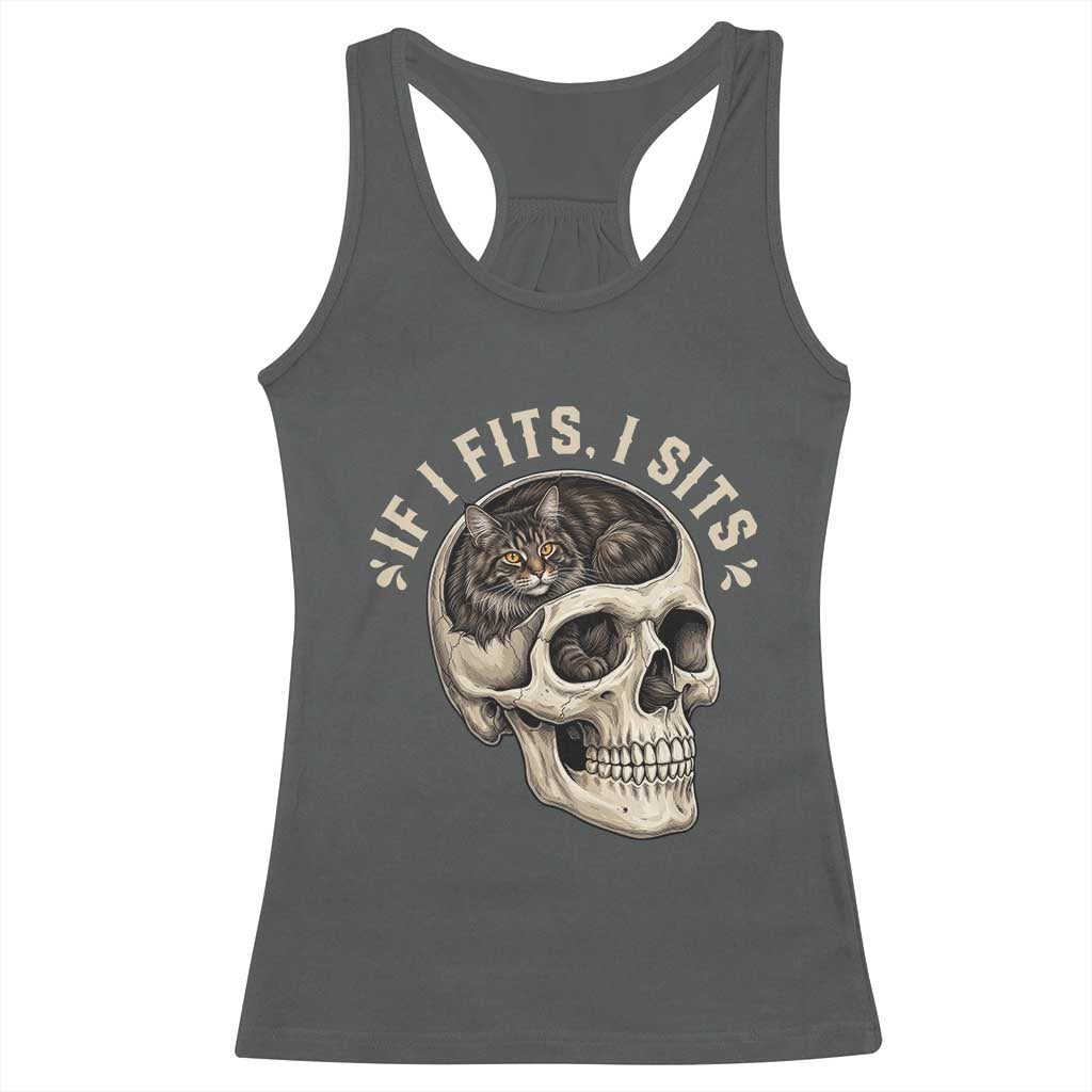 Funny Gothic Black Cat Skull Racerback Tank Top If I Fits I Sits