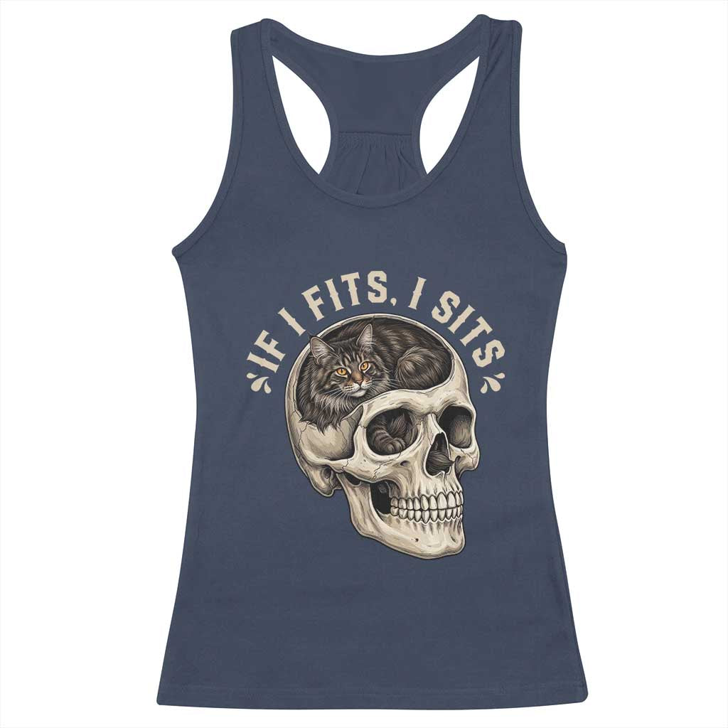 Funny Gothic Black Cat Skull Racerback Tank Top If I Fits I Sits