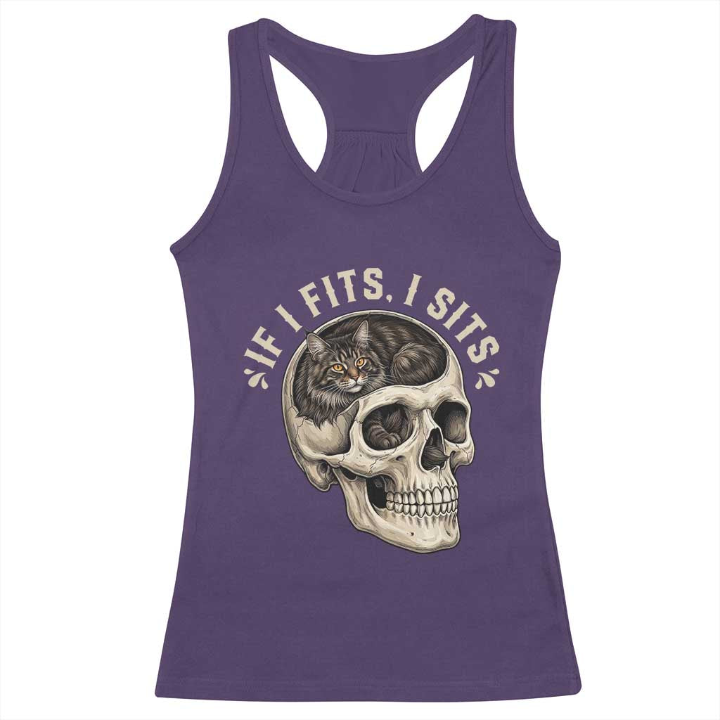 Funny Gothic Black Cat Skull Racerback Tank Top If I Fits I Sits