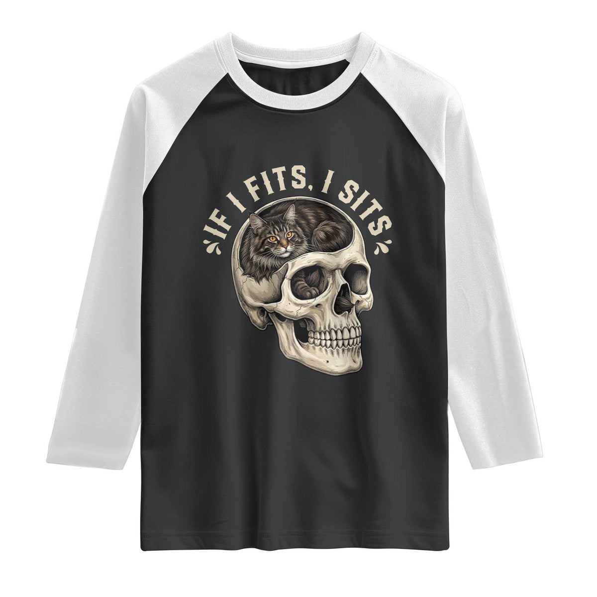 Funny Gothic Black Cat Skull Raglan Shirt If I Fits I Sits